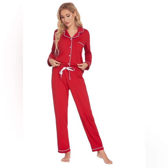 Red Pajama Set long sleeve button down top and pants with white piping, XL - Picture 1 of 5